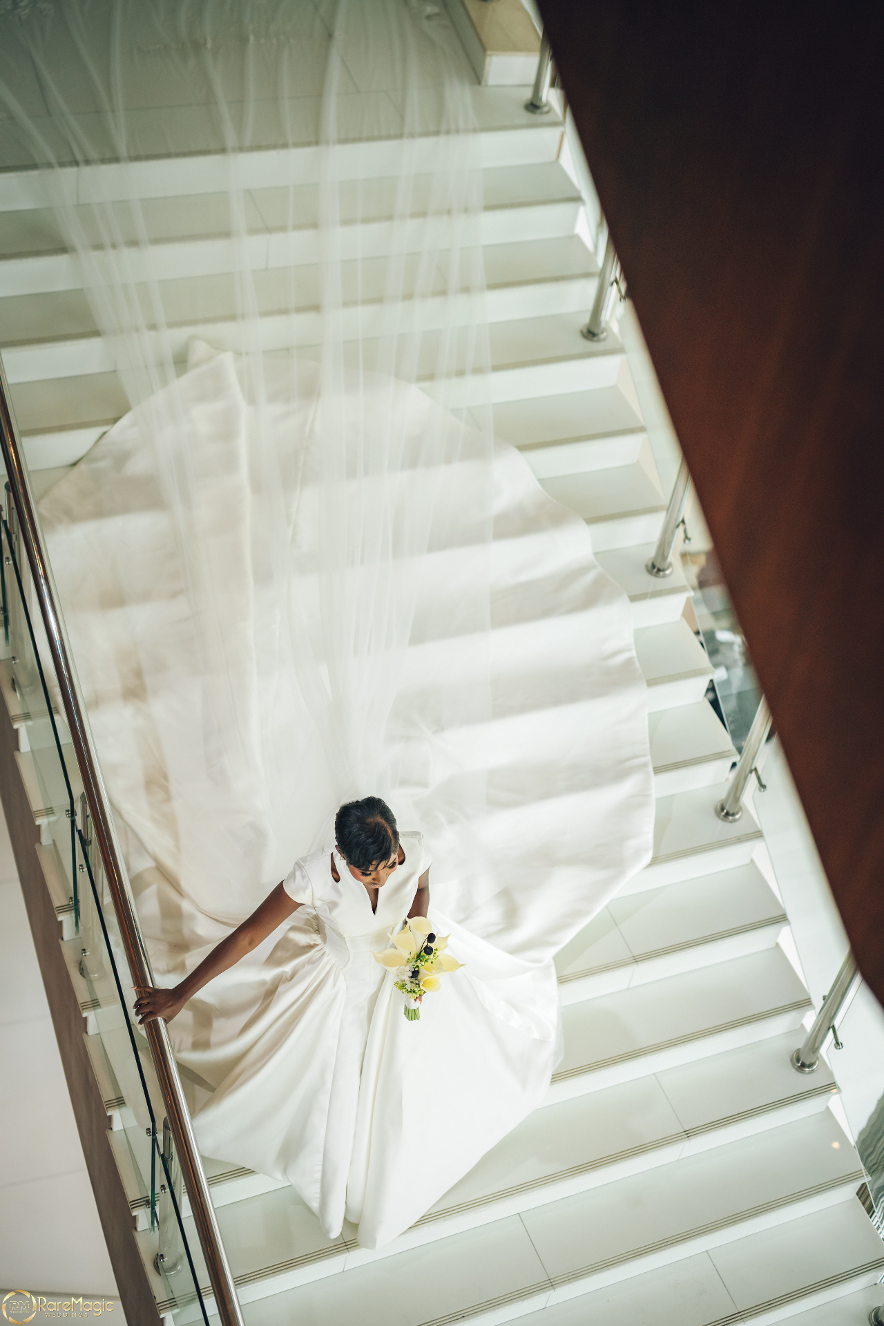 Overhead portrait of the bride on a staircase with veil and full train