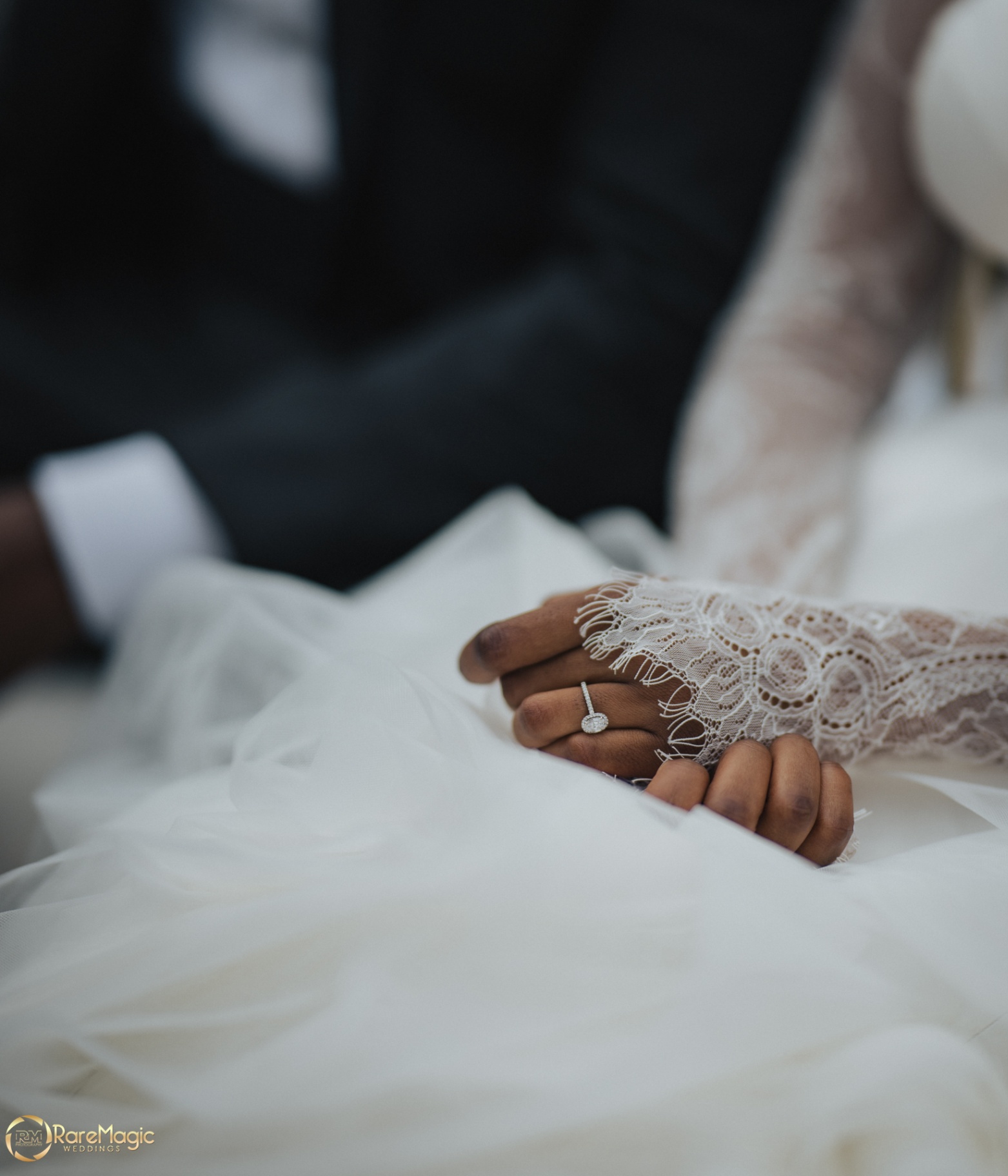 Close-up of the bride's lace sleeve and ring