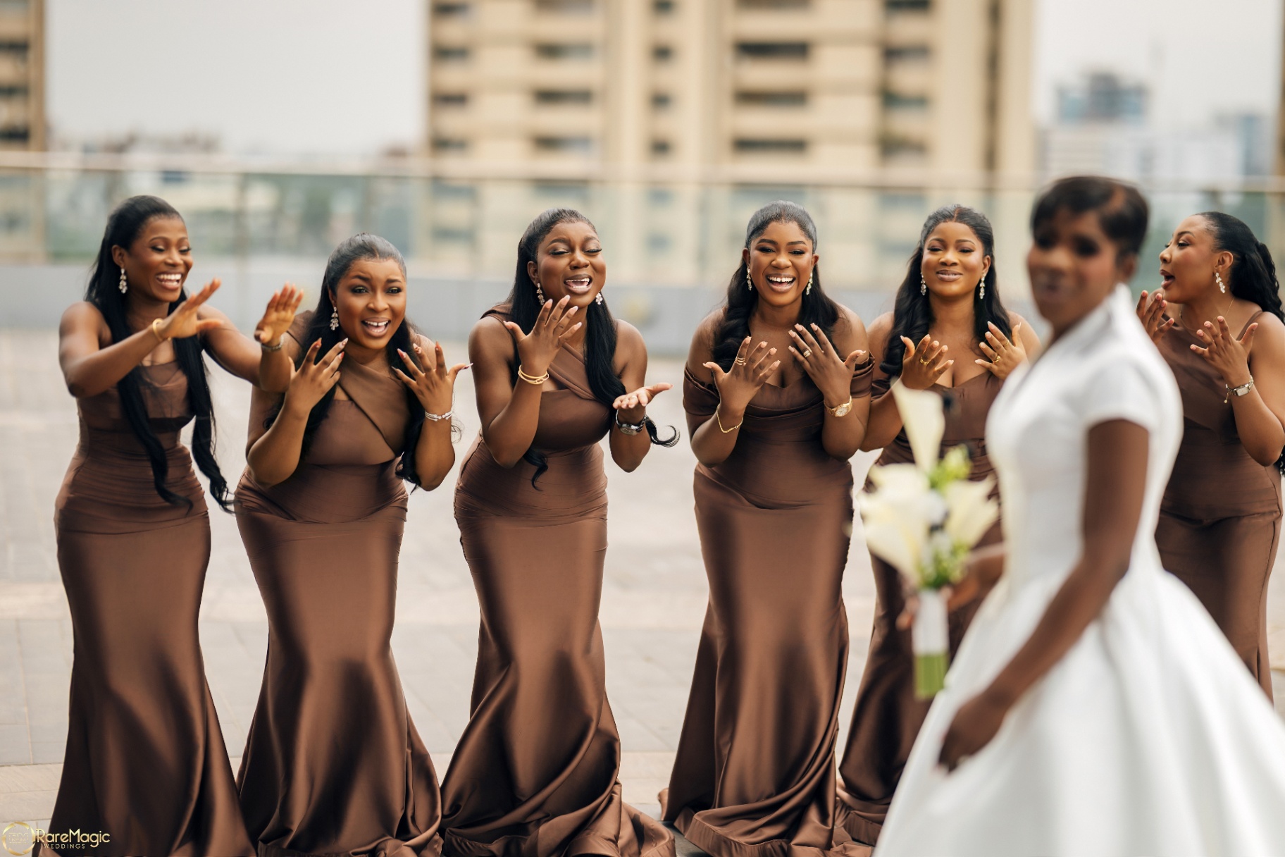Full bridal party in brown satin gowns celebrating the bride